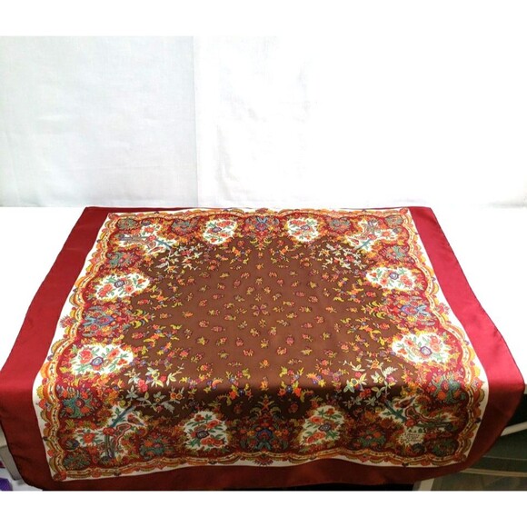 Liberty of London 100% Silk Twill Red Brown Floral Foulard Border Scarf 23"X23" - Picture 8 of 16